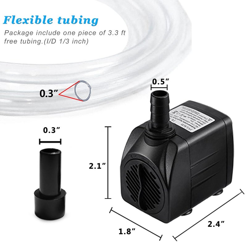 PULACO 160GPH Small Fountain Pump, Ultra Quiet Submersible Water Pump (600L/H, 10Watt) with 3.3 ft Tubing for Aquariums, Pond Fountain, Water Feature, Indoor Fountains - Image 2